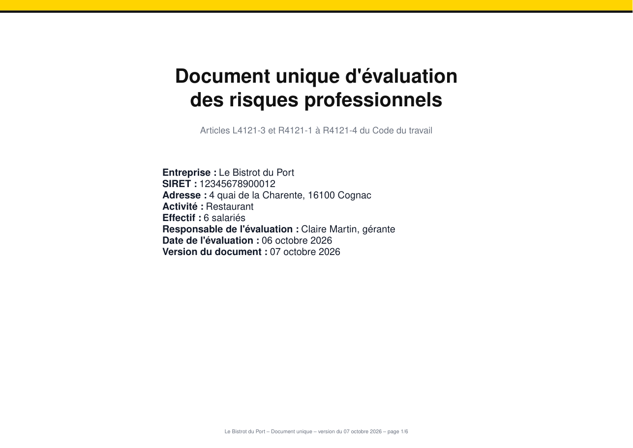 Page de garde d'un document unique généré avec DUERP Minute